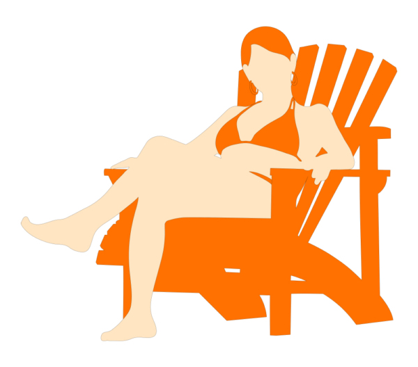 vector silhouette of red-haired sexy woman in swimsuit sitting on wooden beach deck chaise-longue chair