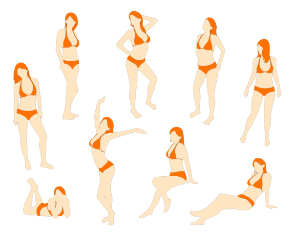 vector set of red-haired woman in swimsuit poses silhouettes